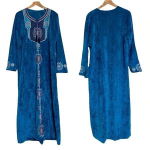 Vintage Moroccan‎ Style Exquisite Maxi Kaftan Embroidered Velvet blue silver
